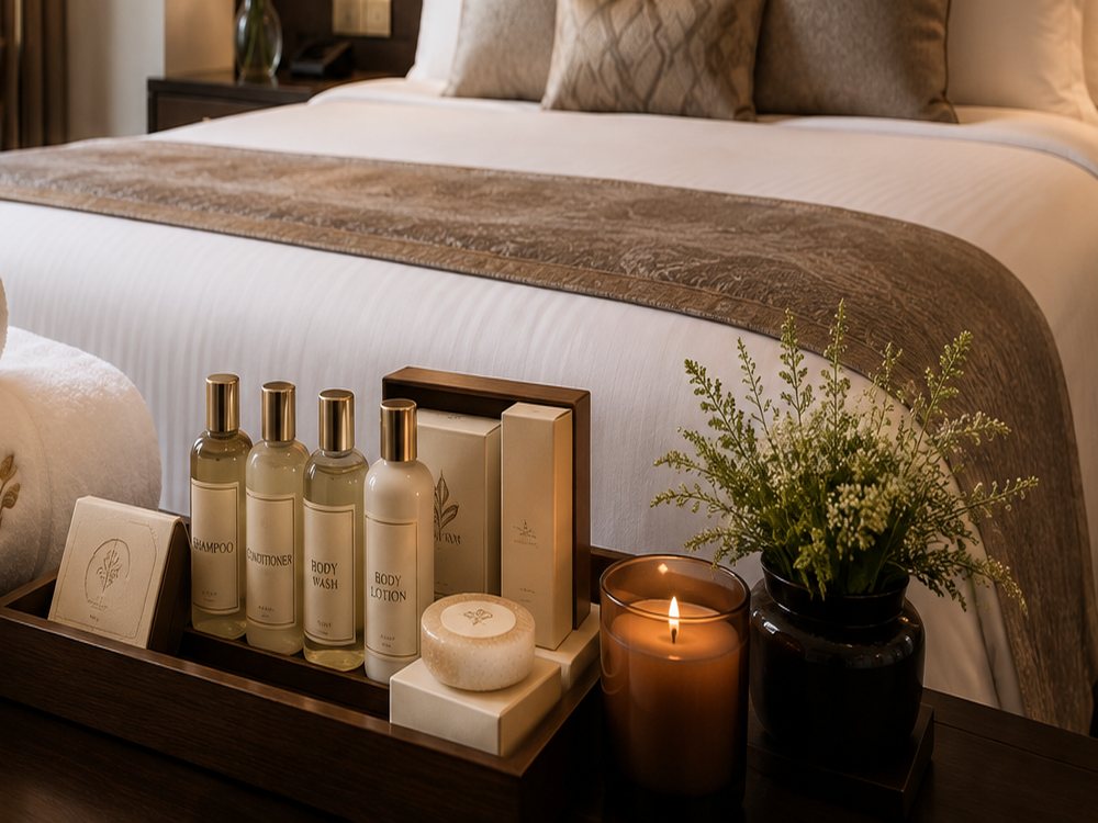 Hotel room amenities tray — shampoo, conditioner and body wash sourced through INDUS CIRCLE