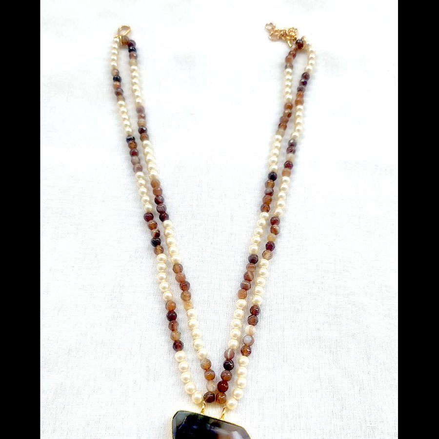 Double-strand pearl and agate necklace with agate slab pendant, handcrafted, sourced through INDUS CIRCLE