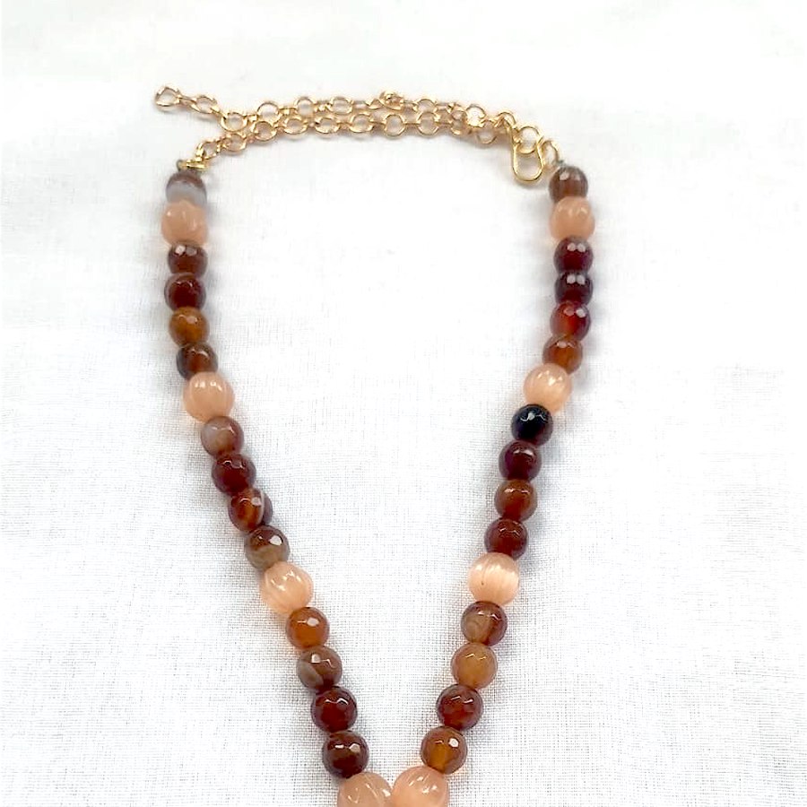 Agate and moonstone necklace with teardrop pendant, handcrafted, sourced through INDUS CIRCLE