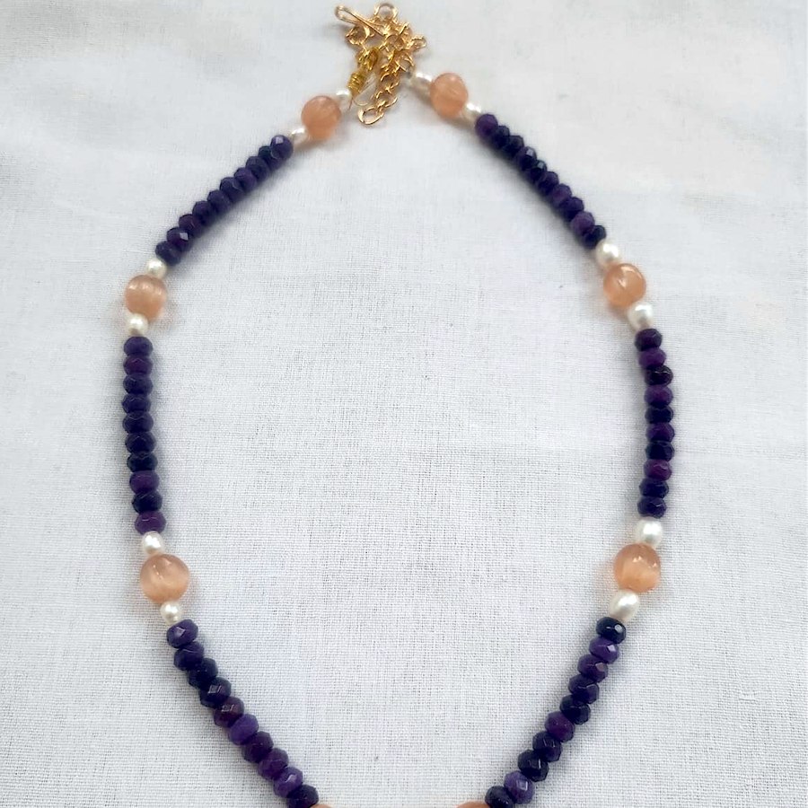 Amethyst and rose quartz necklace, handcrafted, sourced through INDUS CIRCLE