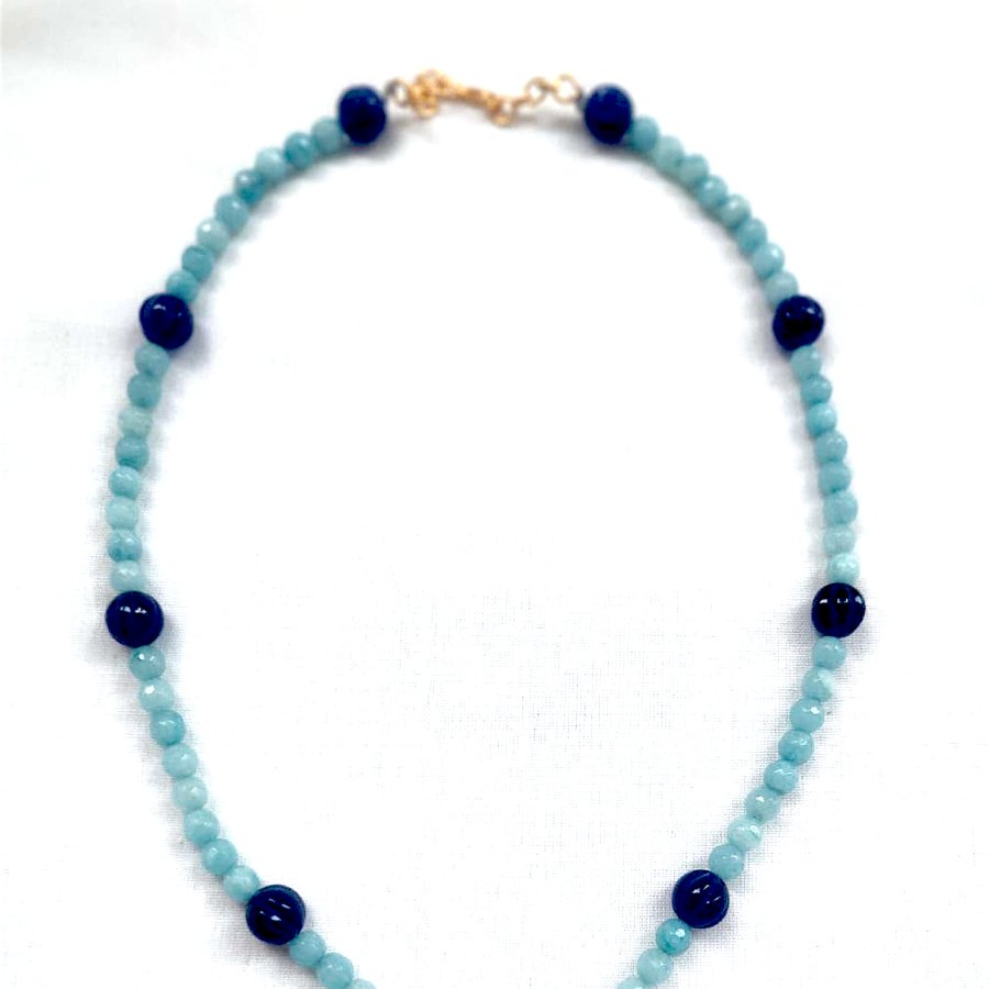 Aquamarine and sapphire beaded necklace with citrine pendant, handcrafted, sourced through INDUS CIRCLE