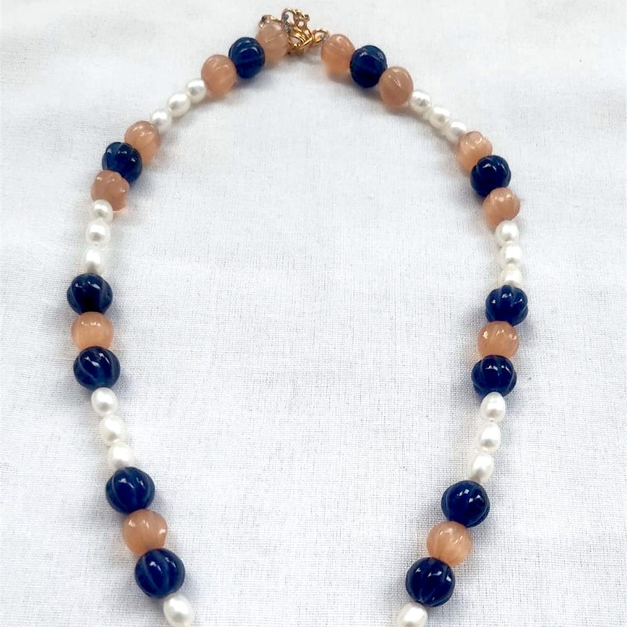 Sapphire and pearl necklace with citrine-style pendant, handcrafted, sourced through INDUS CIRCLE