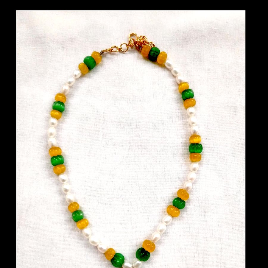 Pearl, green and amber beaded necklace with citrine pendant, handcrafted, sourced through INDUS CIRCLE