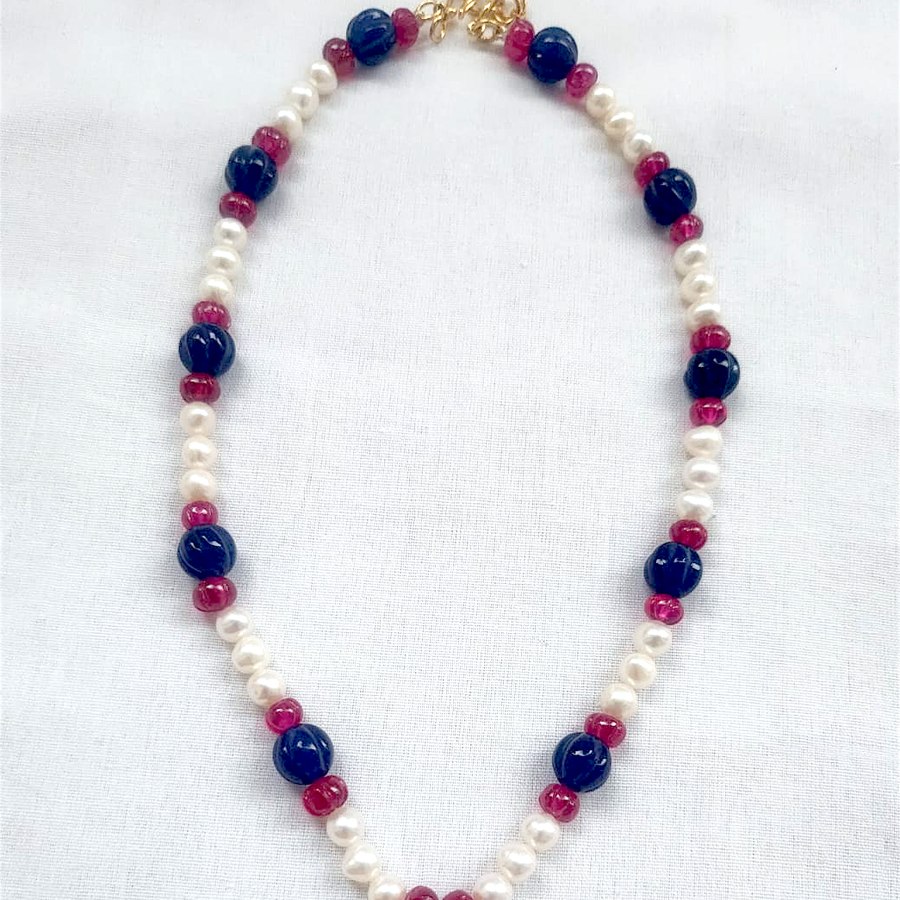 Sapphire and pearl necklace with enamel pendant, handcrafted, sourced through INDUS CIRCLE