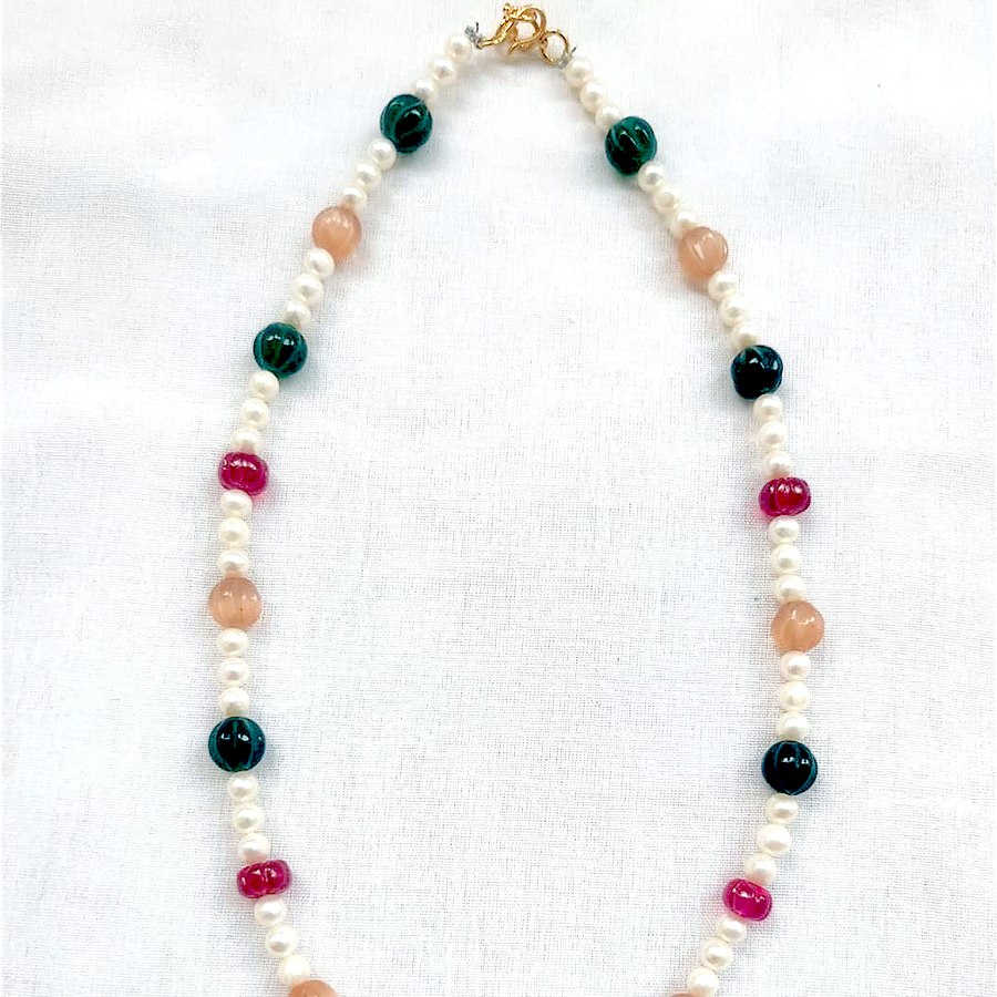 Fresh pearl and gemstone necklace, handcrafted, sourced through INDUS CIRCLE