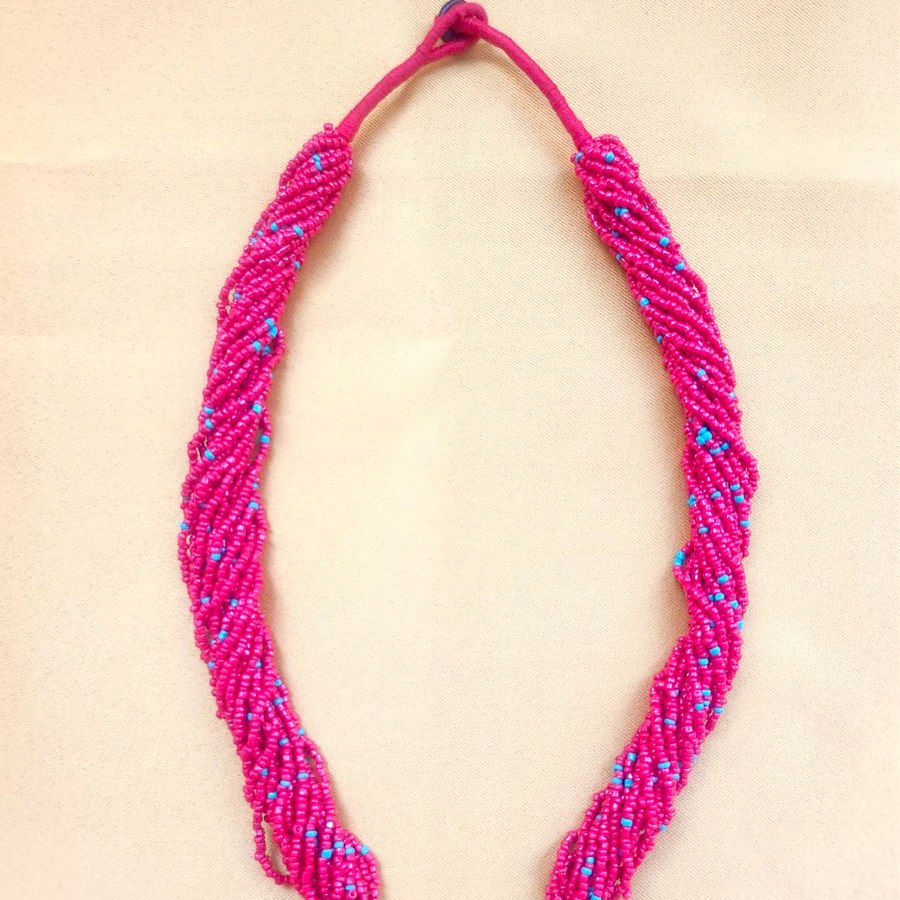 Pink beaded necklace with mosaic pendant, handcrafted, sourced through INDUS CIRCLE
