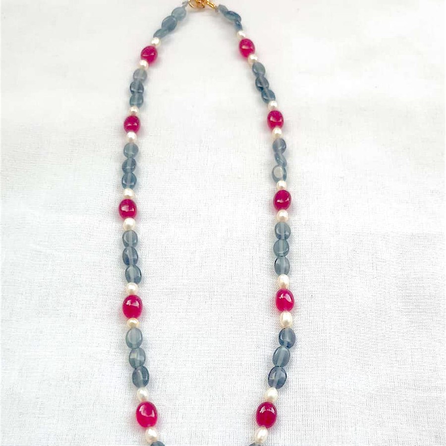 Agate and ruby necklace with carved rose pendant, handcrafted, sourced through INDUS CIRCLE