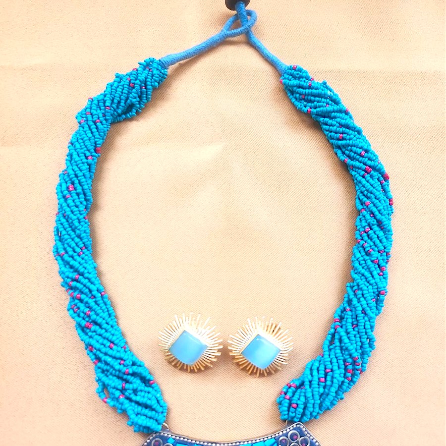 Turquoise beaded necklace and earring set, handcrafted, sourced through INDUS CIRCLE