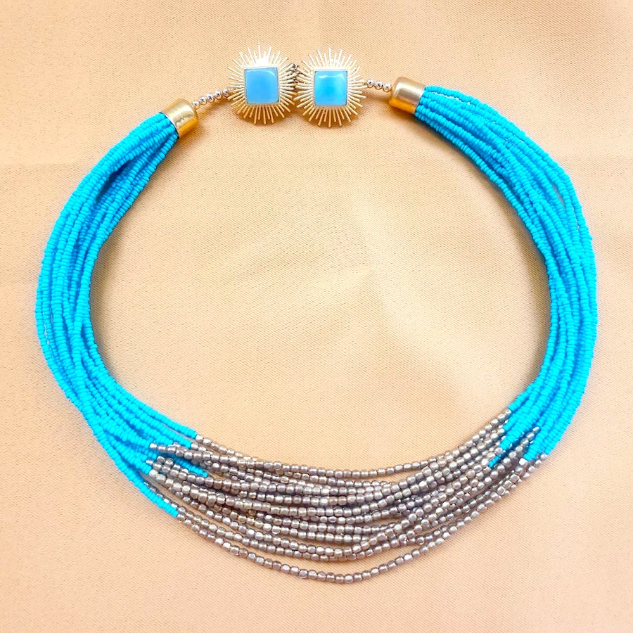 Turquoise beaded necklace with sunburst earring set, handcrafted, sourced through INDUS CIRCLE