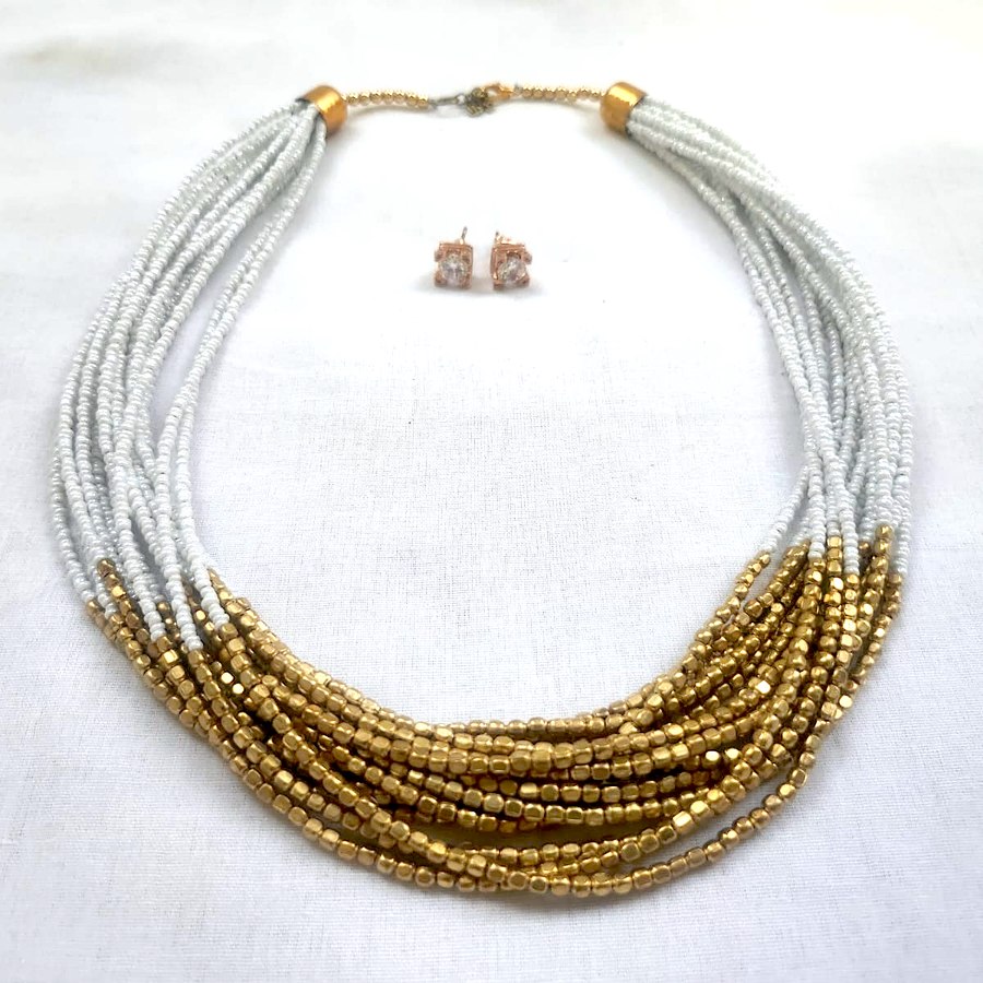 Multi-strand beaded necklace and earring set, handcrafted, sourced through INDUS CIRCLE