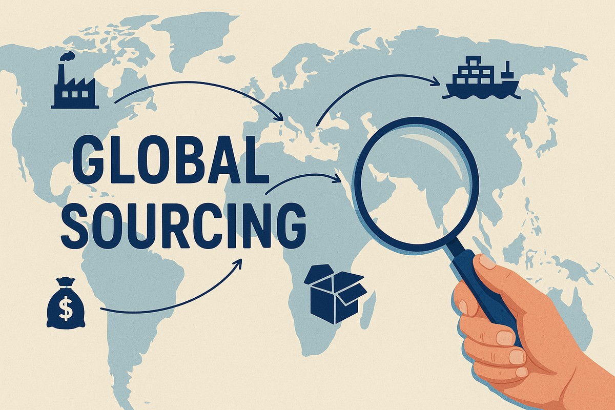 Illustration of global sourcing — factory, manufacturing partner identification and international shipping