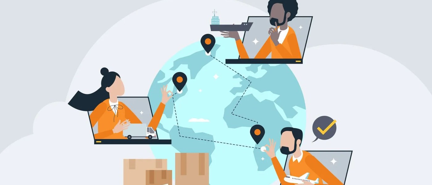 Illustration of global sourcing coordination — supplier identification, shipping and logistics across international locations